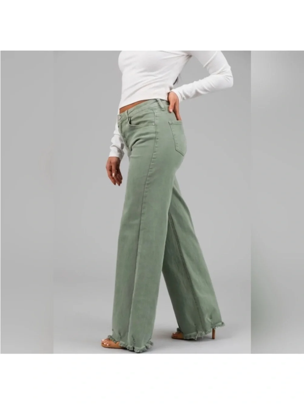 Risen Jeans High Rise Fray Wide Leg Olive Jeans NWT - Picture 4 of 10
